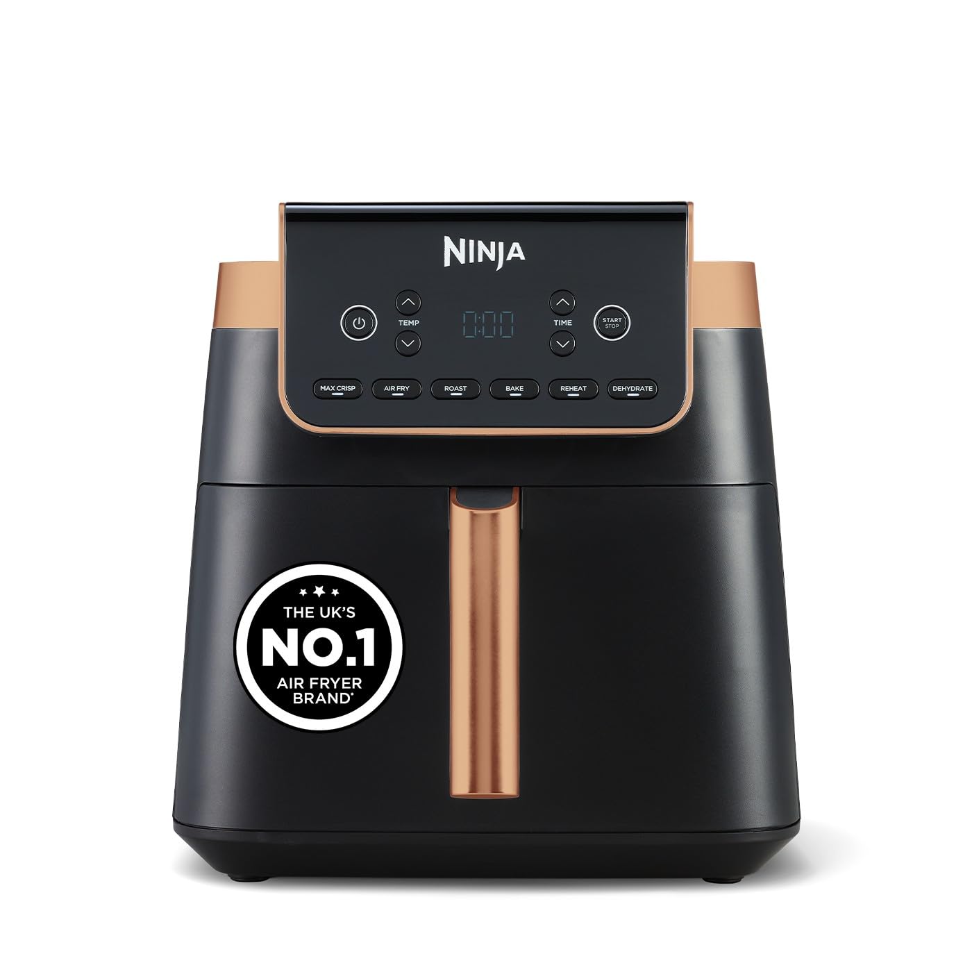 Ninja Air Fryer MAX PRO, 6.2L, Uses No Oil, Large Square Single Drawer, Roast, Bake, Air Fry, Family Size, Non-Stick, Dishwasher Safe Basket & Crisper Plate, Silicone Tongs, Black & Copper, AF180UKCP