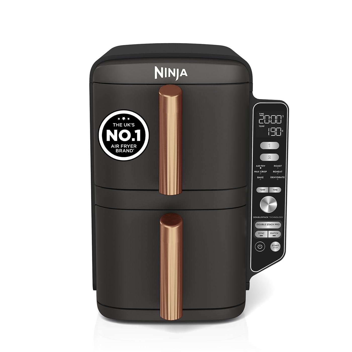 Ninja Double Stack XL Air Fryer, Vertical Dual Drawer Air Fryer with 4 cooking levels, 2 Drawers & 2 Racks, Space Saving Design, 9.5L Capacity, 6 Functions, 8 Portions, Tongs, Black/Copper SL400UKCP